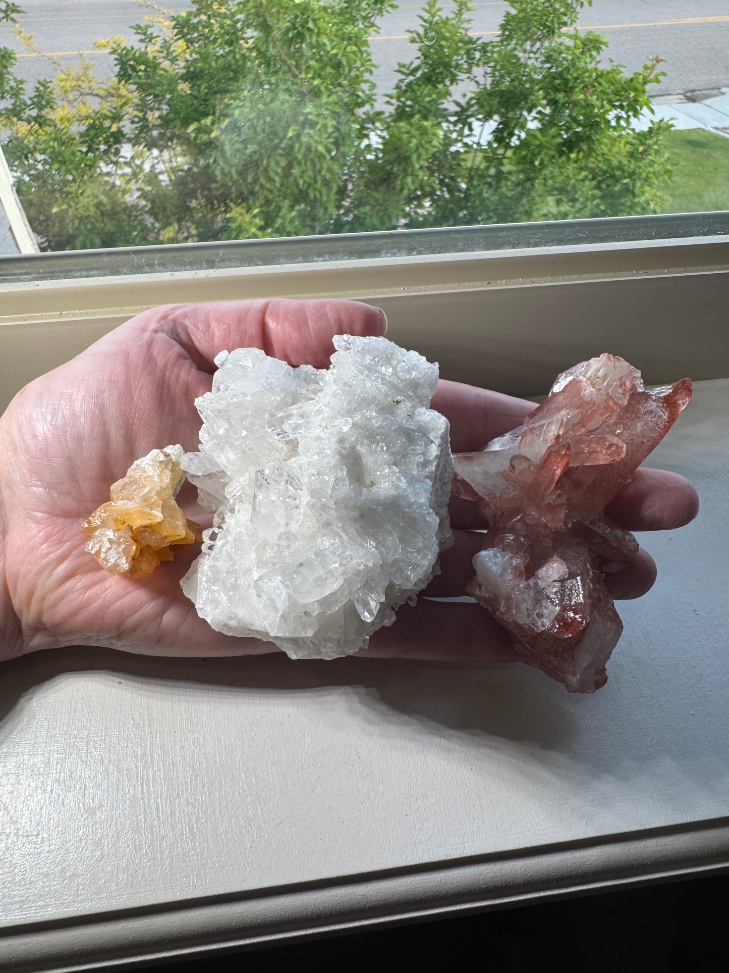 Three Brazil Crystal Cluster Lot (Clear Quartz, Tangerine, Pink Lithium)