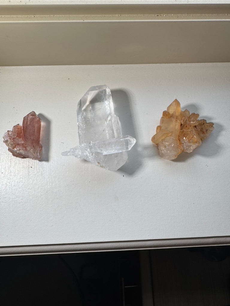 Three Brazil Crystal Cluster Lot (Clear Quartz, Tangerine, Pink Lithium)