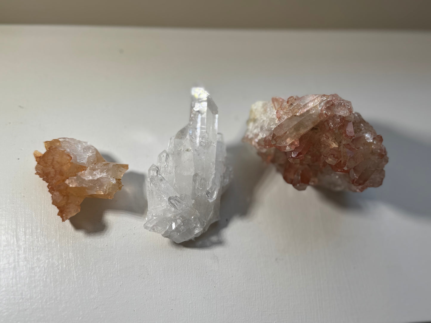 Three Brazil Crystal Cluster Lot (Clear Quartz, Tangerine, Pink Lithium)