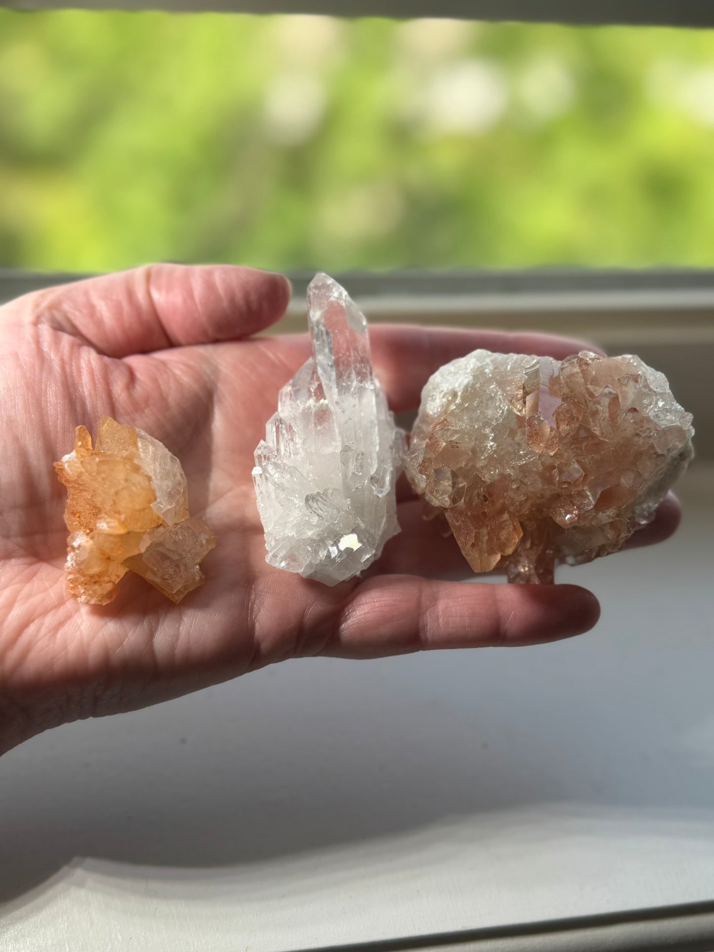 Three Brazil Crystal Cluster Lot (Clear Quartz, Tangerine, Pink Lithium)