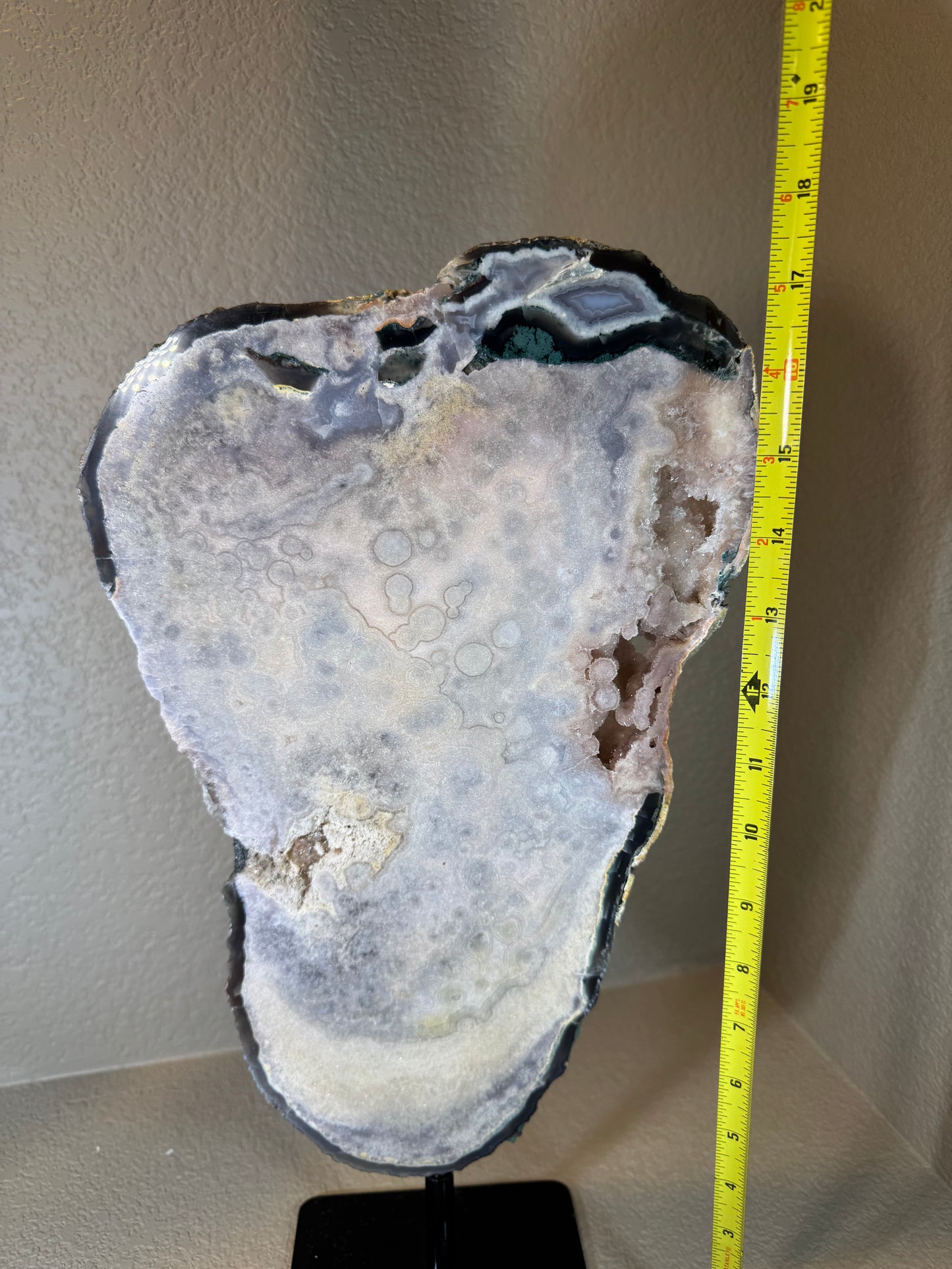 Huge Druzy Pink Amethyst with Blue Agate Slab on Rotating Stand. Statement Piece!