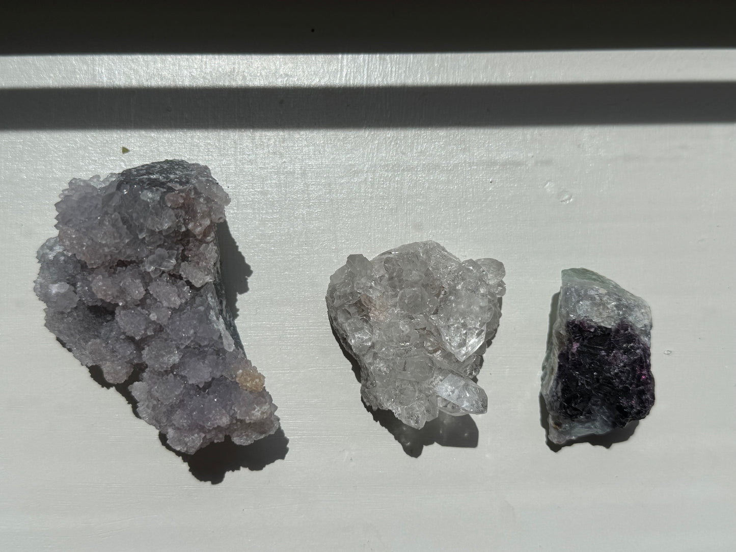 Three Brazil Crystal Cluster Lot (Clear Quartz, Fluorite, Amethyst Flower)