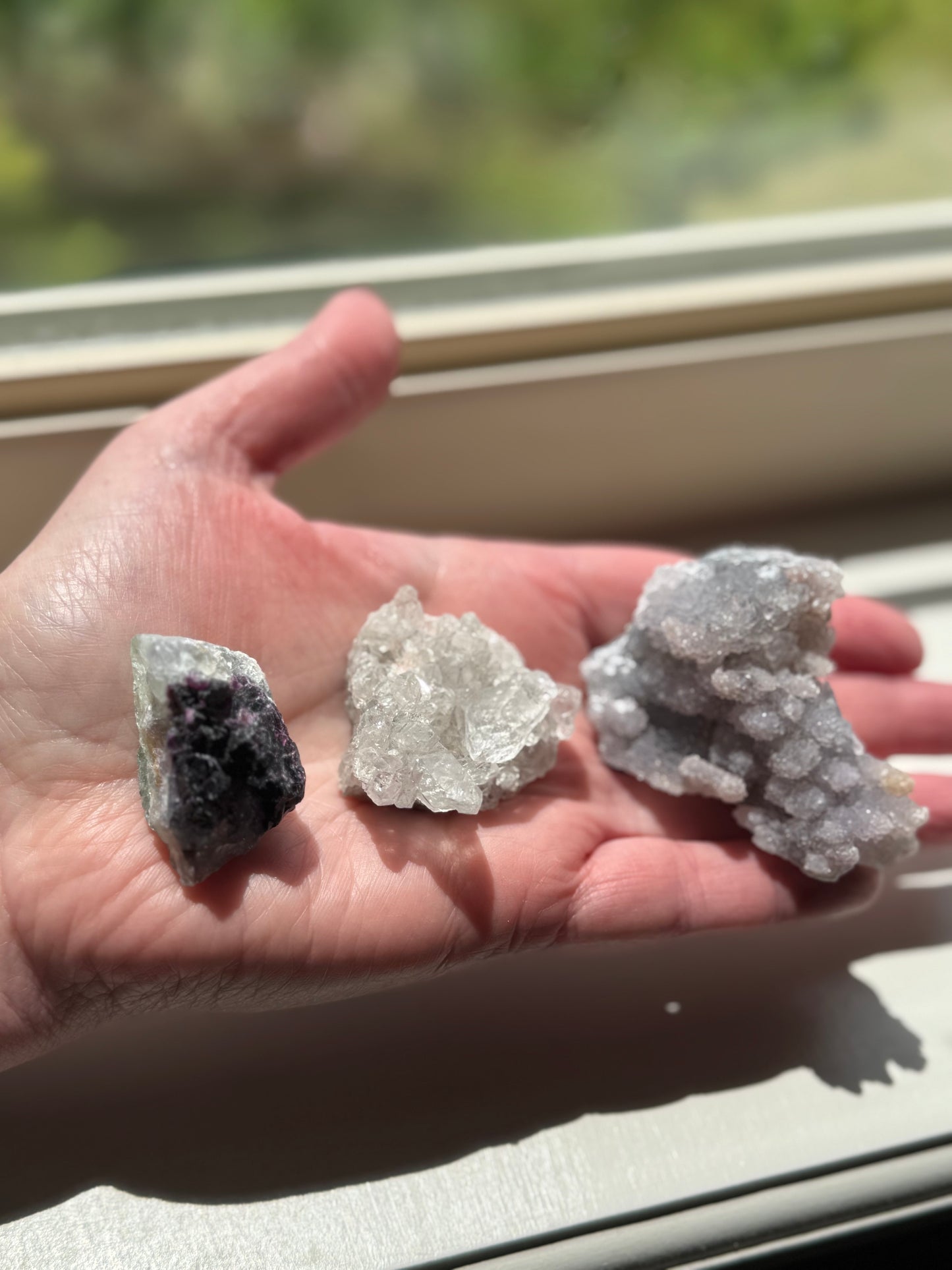 Three Brazil Crystal Cluster Lot (Clear Quartz, Fluorite, Amethyst Flower)