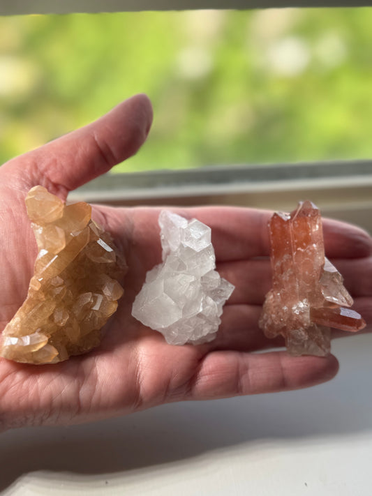 Three Brazil Crystal Cluster Lot (Clear Quartz, Tangerine, Pink Lithium)