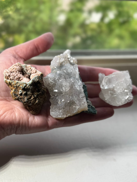 Three Brazil Crystal Cluster Lot (Clear Quartz, Pink Amethyst, Amethyst Flower)