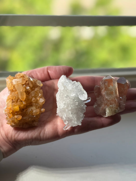 Three Brazil Crystal Cluster Lot (Clear Quartz, Tangerine, Pink Lithium)