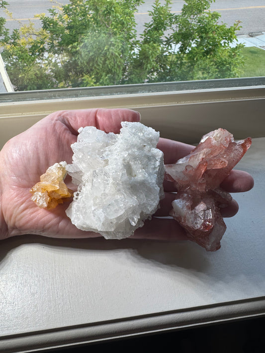 Three Brazil Crystal Cluster Lot (Clear Quartz, Tangerine, Pink Lithium)