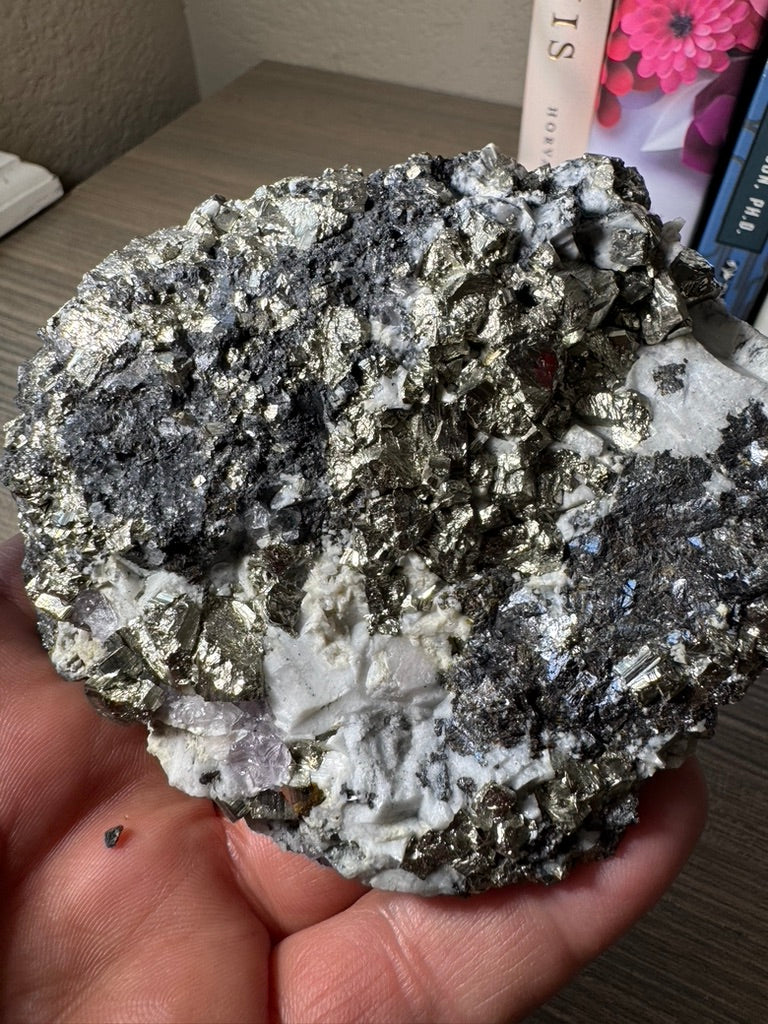 Pyrite on Fluorite from La Ojuela mine, Mapimi, Durango Mexico. 599 Grams (Golden Flame)