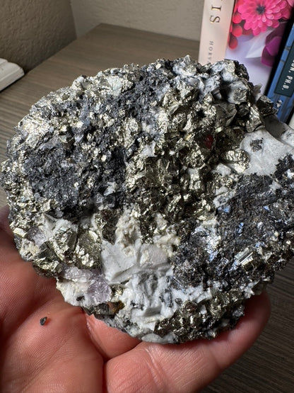 Pyrite on Fluorite from La Ojuela mine, Mapimi, Durango Mexico. 599 Grams (Golden Flame)