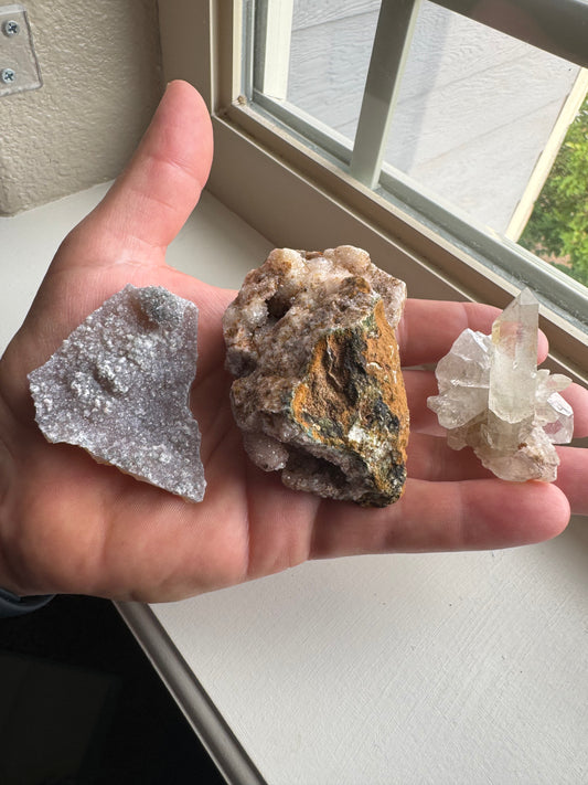 Three Brazil Crystal Cluster Lot (Clear Quartz, Pink Amethyst, Amethyst Flower)