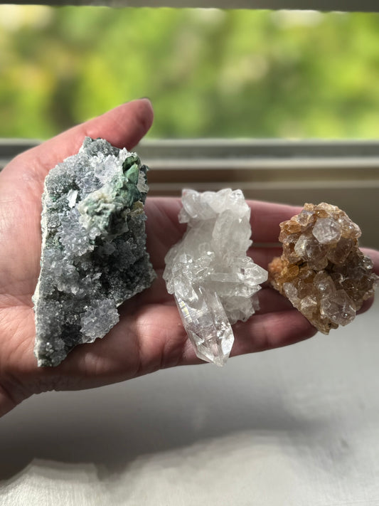 Three Brazil Crystal Cluster Lot (Clear Quartz, Pink Amethyst, Amethyst Flower)