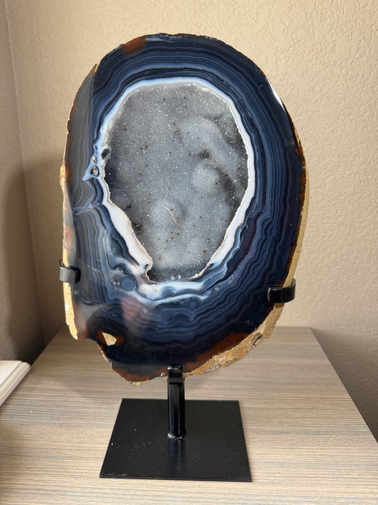 Huge Banded Blue Agate Geode with Druzy Center on Custom Stand
