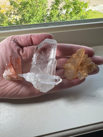 Three Brazil Crystal Cluster Lot (Clear Quartz, Tangerine, Pink Lithium)