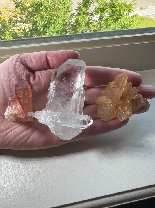 Three Brazil Crystal Cluster Lot (Clear Quartz, Tangerine, Pink Lithium)