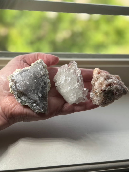 Three Brazil Crystal Cluster Lot (Clear Quartz, Pink Amethyst, Amethyst Flower)