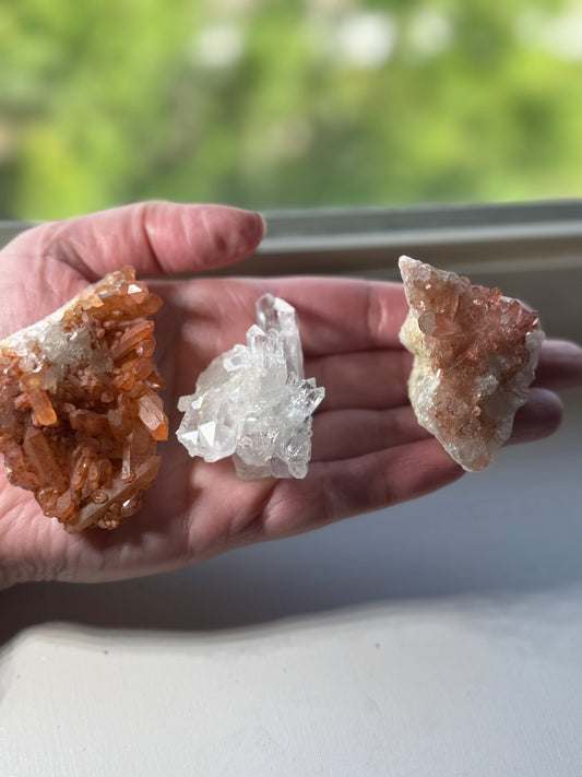 Three Brazil Crystal Cluster Lot (Clear Quartz, Tangerine, Pink Lithium)