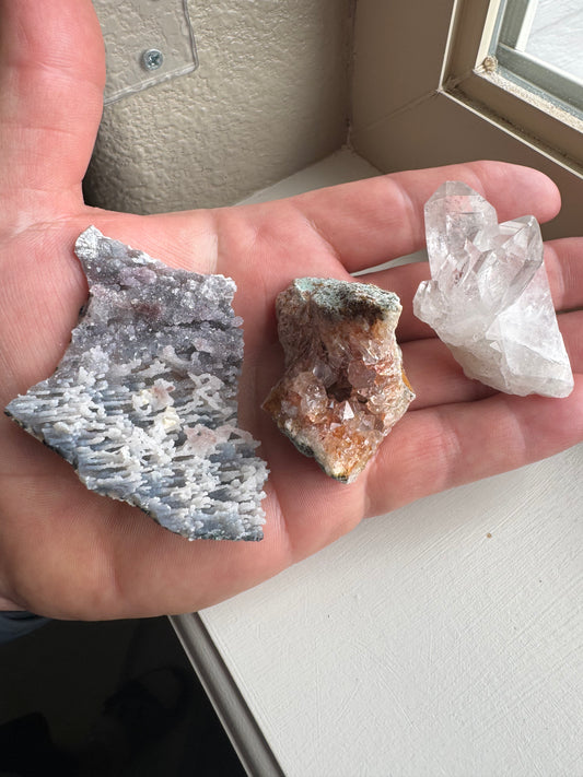 Three Brazil Crystal Cluster Lot (Clear Quartz, Pink Amethyst, Amethyst Flower)