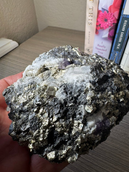 Pyrite on Fluorite from La Ojuela mine, Mapimi, Durango Mexico. 599 Grams (Golden Flame)