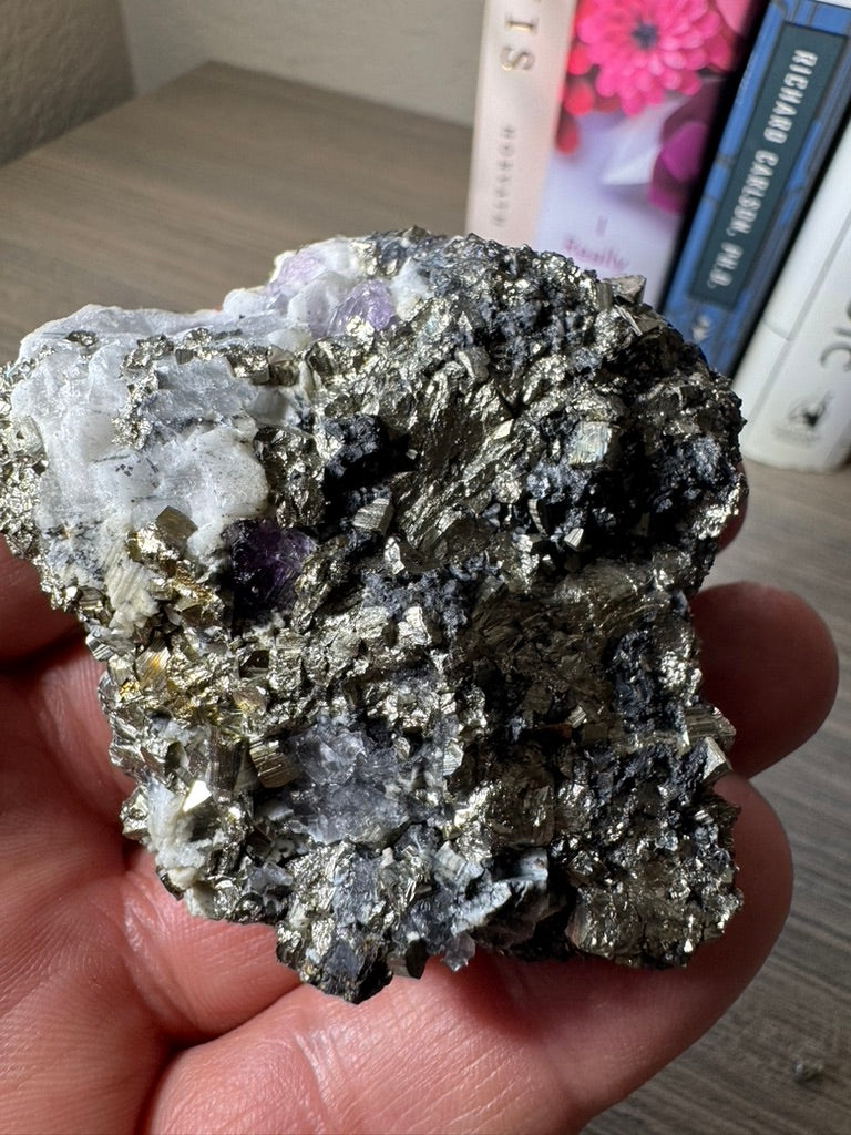 Pyrite on Fluorite from La Ojuela mine, Mapimi, Durango Mexico. 174 Grams (Golden Flame)