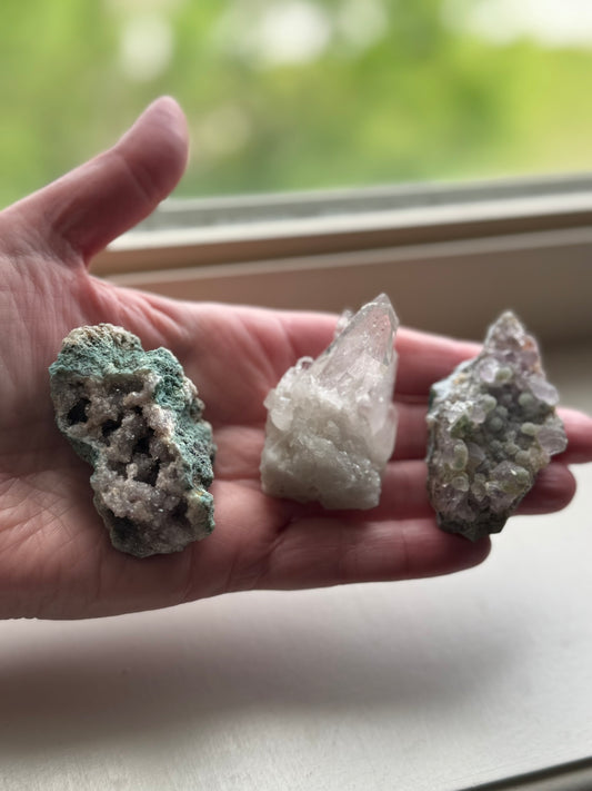 Three Brazil Crystal Cluster Lot (Clear Quartz, Pink Amethyst, Amethyst Flower)