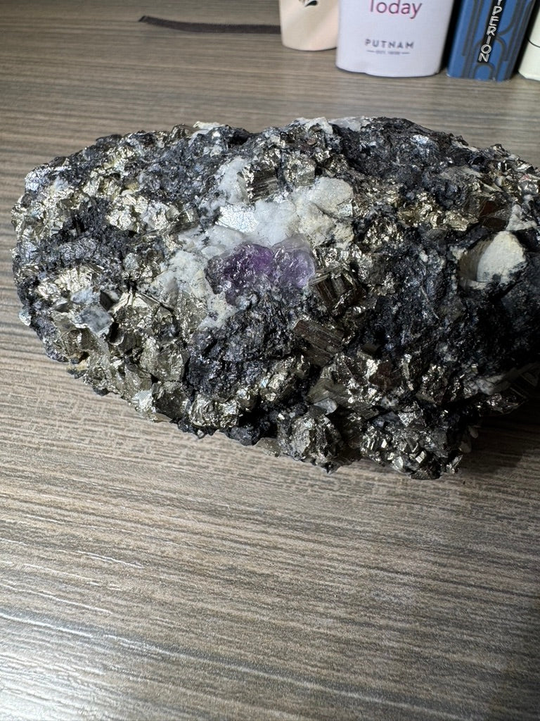 Pyrite on Fluorite from La Ojuela mine, Mapimi, Durango Mexico. 599 Grams (Golden Flame)