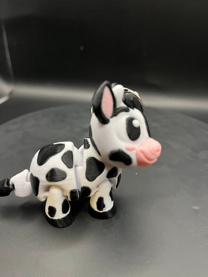 Flexi Cow Keychain - 3D Printed Articulated Moving Head, Cute Farm Animal Charm for Tote Bag, Bag Accessories