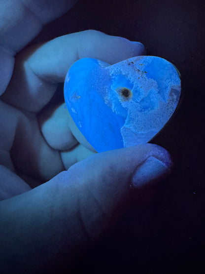 Blue Amber Hand Carved Heart 2" UV Reactive