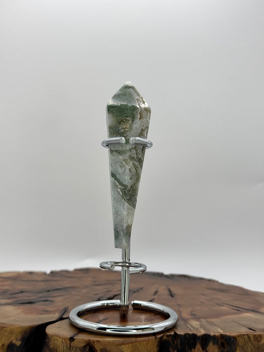 Druzy Moss Agate Wand with Stand