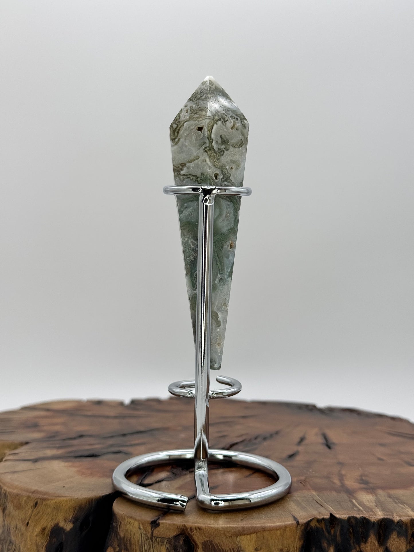 Druzy Moss Agate Wand with Stand