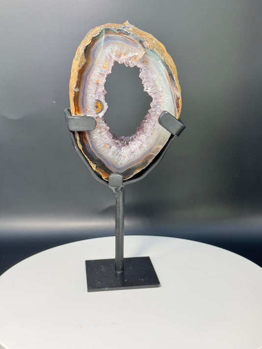 Small Amethyst Portal with Golden Rutile Inclusions and Agate Banding with Stand From Brazil