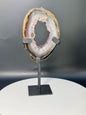 Small Amethyst Portal with Golden Rutile Inclusions and Agate Banding with Stand From Brazil