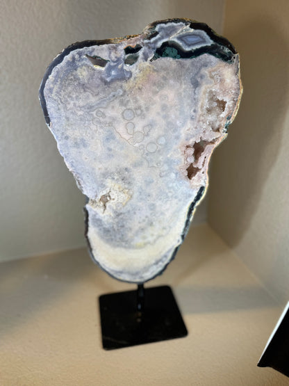 Huge Druzy Pink Amethyst with Blue Agate Slab on Rotating Stand.  Statement Piece!