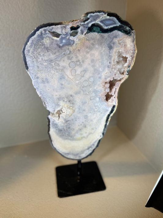 Huge Druzy Pink Amethyst with Blue Agate Slab on Rotating Stand.  Statement Piece!