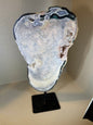 Huge Druzy Pink Amethyst with Blue Agate Slab on Rotating Stand.  Statement Piece!