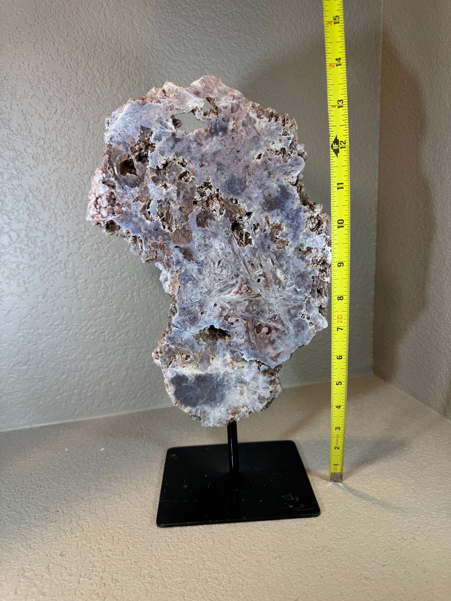 Huge Pink Amethyst Slab with Purple Hue Statement Piece on Stand