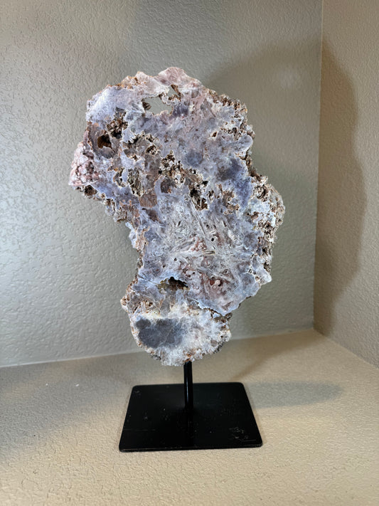 Huge Pink Amethyst Slab with Purple Hue Statement Piece on Stand