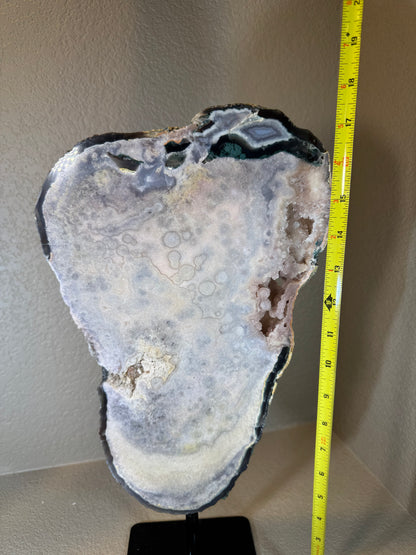 Huge Druzy Pink Amethyst with Blue Agate Slab on Rotating Stand.  Statement Piece!