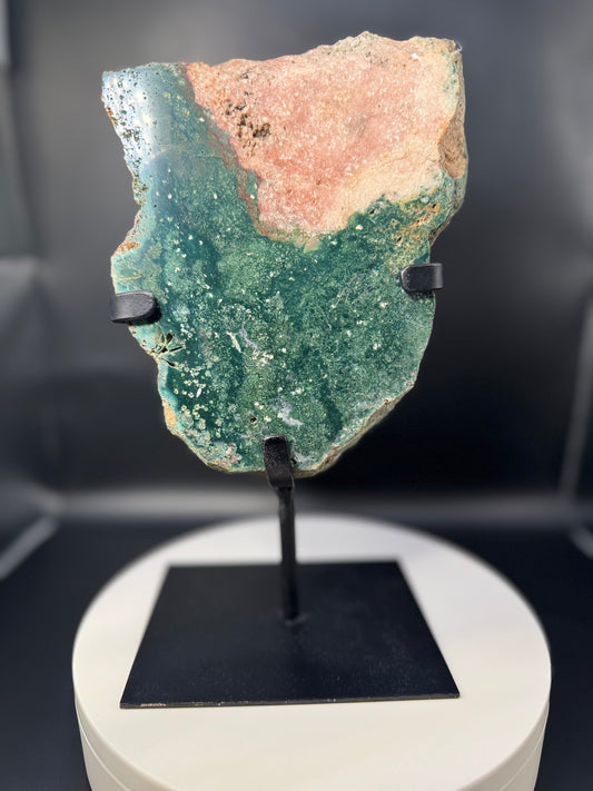 Pink Amethyst Slab with Green Jasper on Stand from Brazil