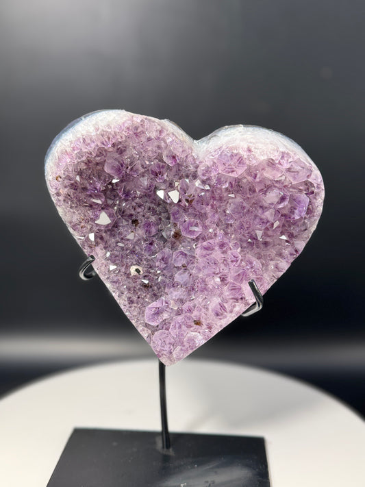 Amethyst Heart with Golden Rutiles on Stand from Brazil