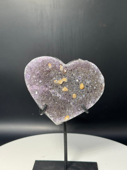 Amethyst Heart with Calcite on Stand From Brazil