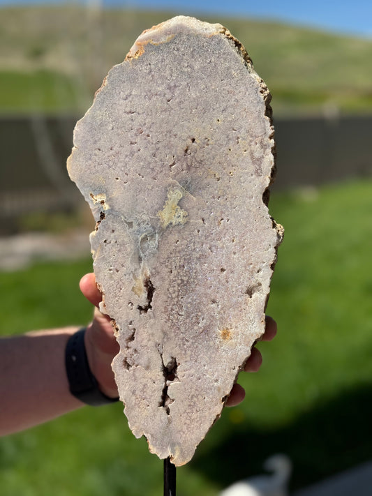 Pink Amethyst Slab with Agate on Stand from Brazil