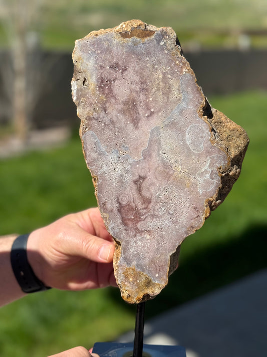 Pink Amethyst Slab with Agate on Stand from Brazil