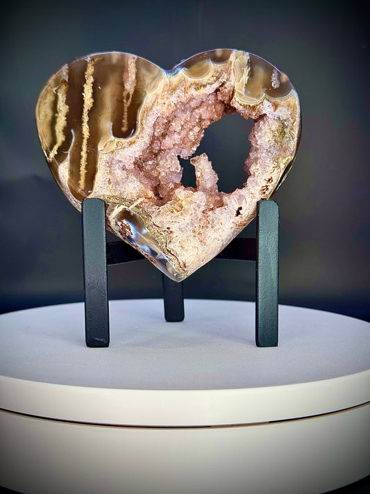 Amazing Agate & Pink Amethyst Stalactite Heart on Custom Stand