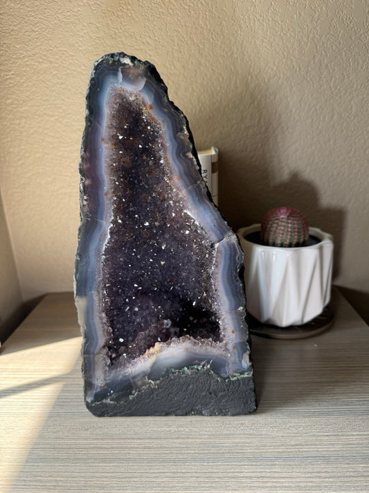 Stunning Banded Agate Amethyst Cathedral with Golden Rutile