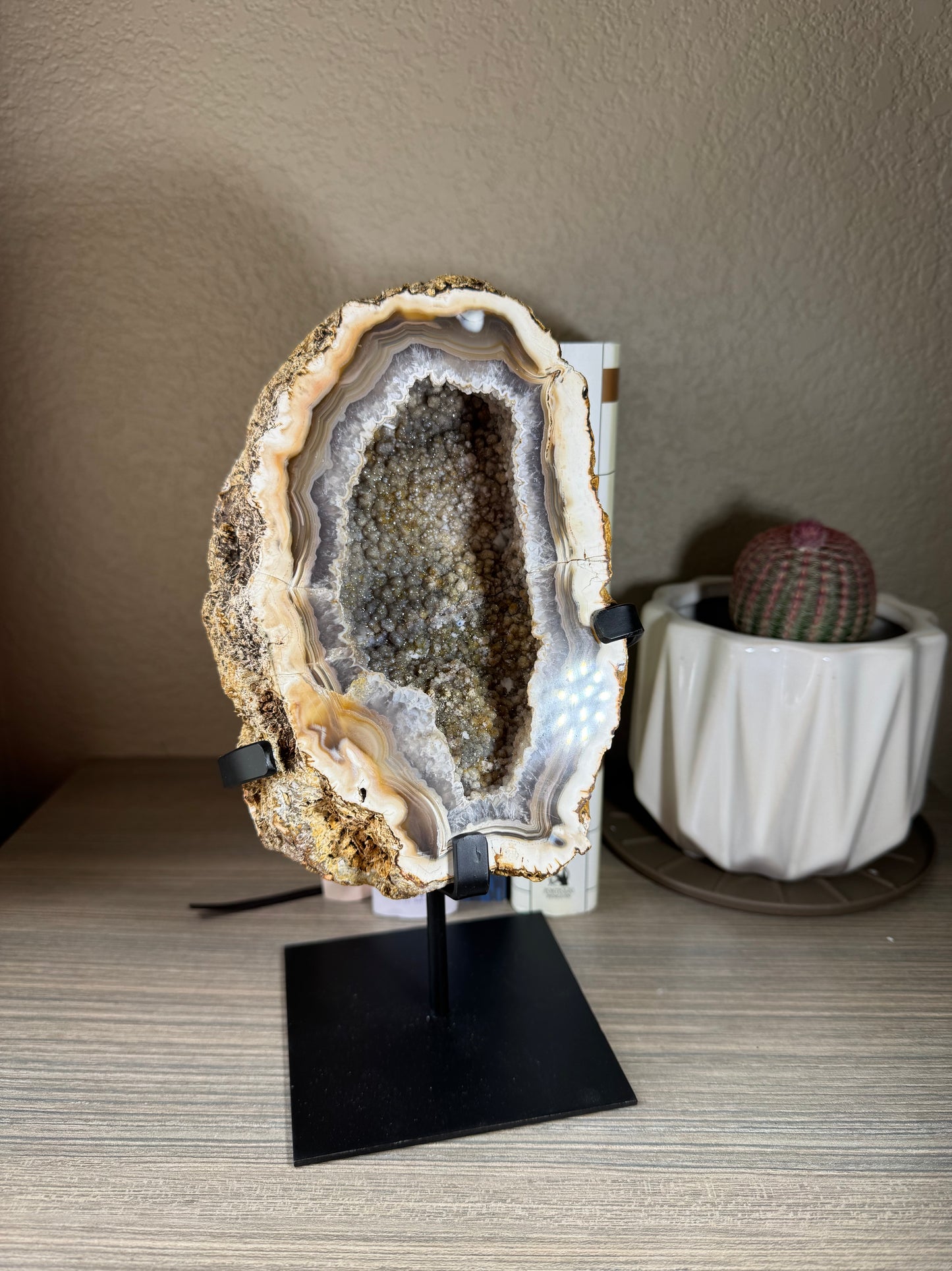 Brazilian Sugar Druzy covered Geode on Stand