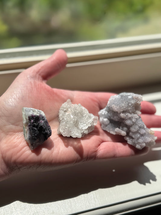 Three Brazil Crystal Cluster Lot (Clear Quartz, Fluorite, Amethyst Flower)