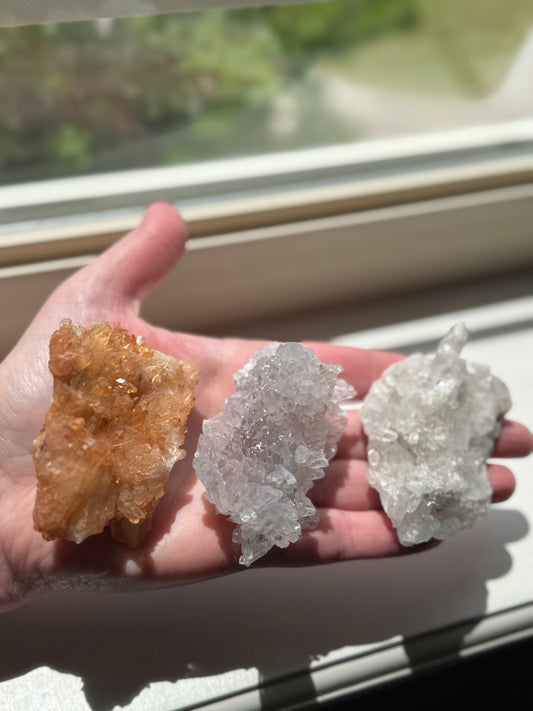 Three Brazil Crystal Cluster Lot (Clear Quartz Cluster, Tangerine, Amethyst Flower)