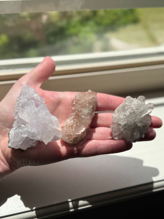 Three Brazil Crystal Lot (Clear Quartz Cluster, Pink Lithium, Amethyst Flower)