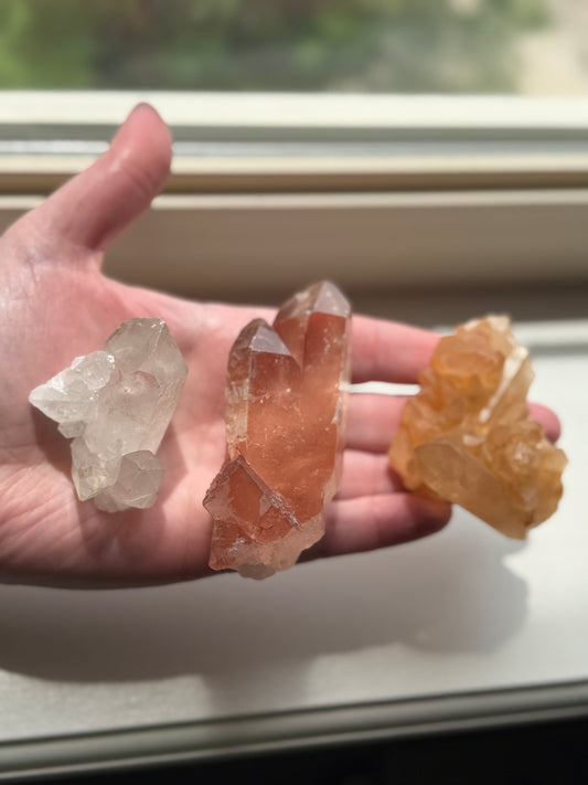 Three Brazil Crystal Cluster Lot (Clear Quartz, Tangerine, Pink Lithium)