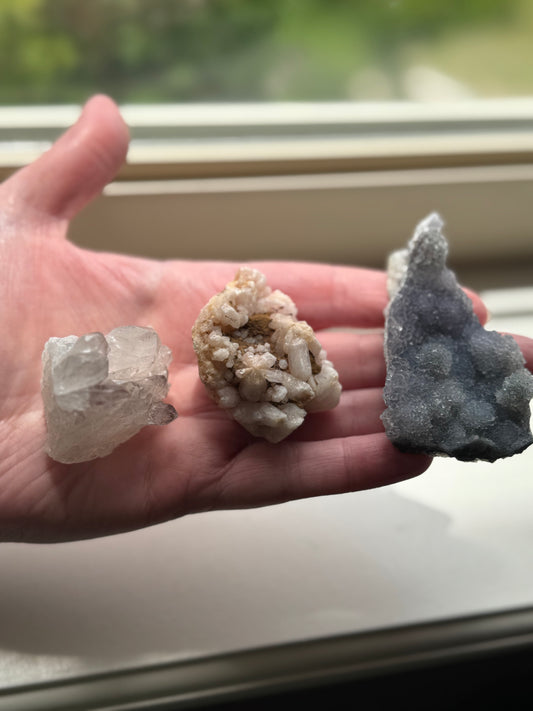 Three Brazil Crystal Cluster Lot (Clear Quartz, Pink Amethyst, Amethyst Flower)